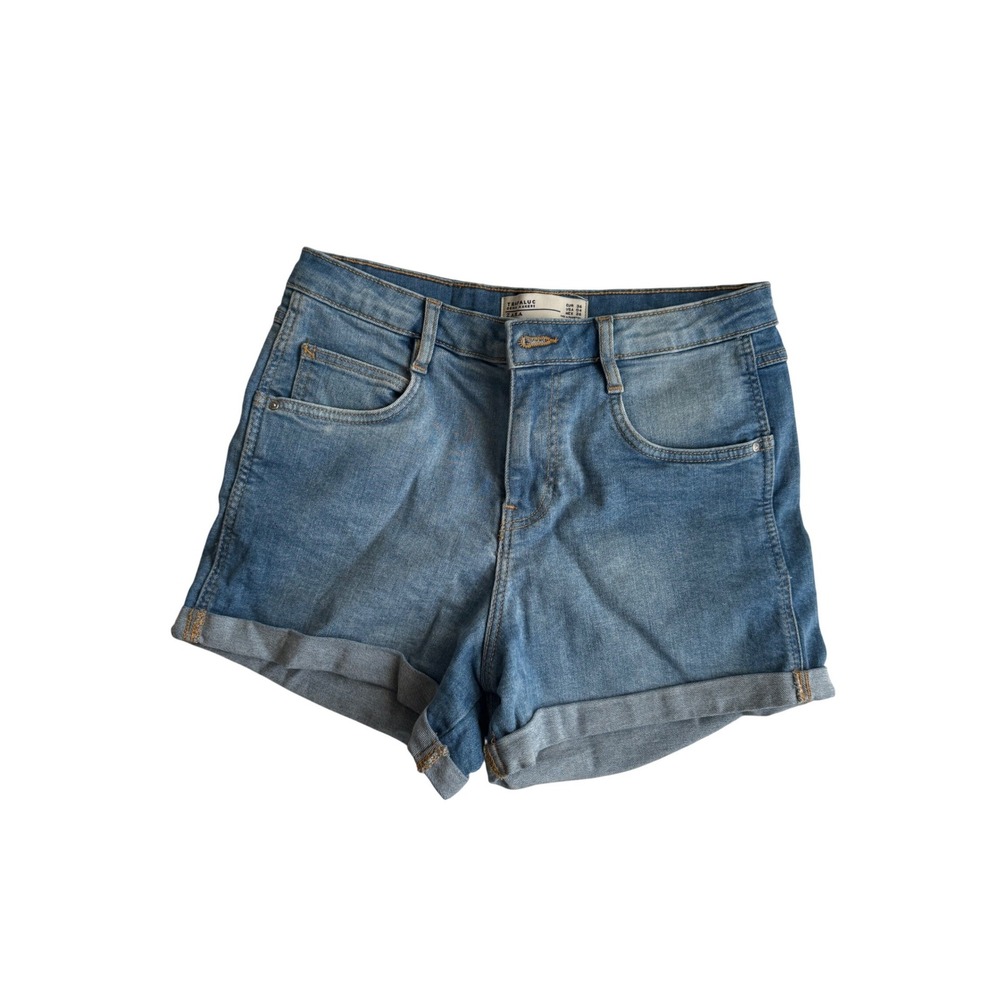 Zara Denim Women's Blue Cuffed Mid Rise Trafaluc Jean Shorts Size 4